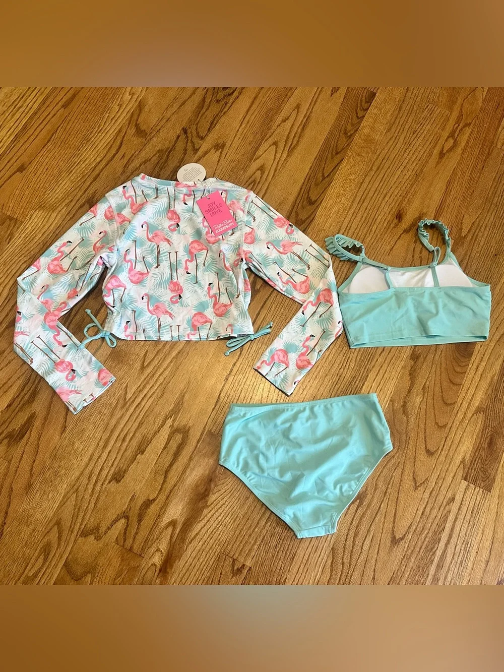 NWT Flamingo Cropped Long Sleeve Rash Guard 3-Piece Swimsuit size 12